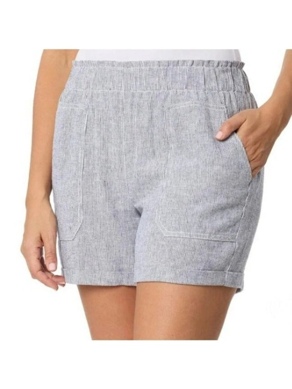 Briggs Women's S Navy Striped Linen Blend Shorts With Elastic Waistband M0986